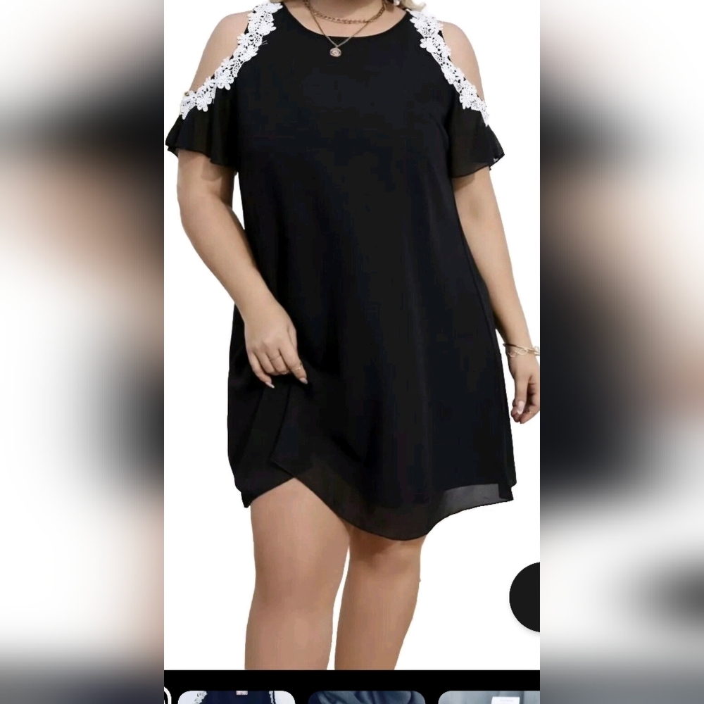 Aofur Cold Shoulder Classic Black Dress With White Lace Trim Size 2x